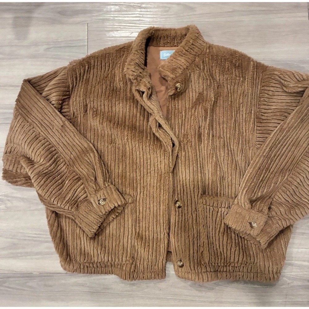 Southern Style Brown Ribbed Faux Fur Soft Plush Button Front Jacket Size L